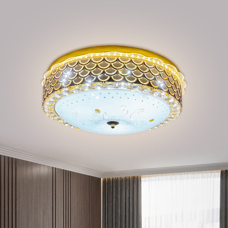 Gold Drum Ceiling Flushmount Lamp Modern Crystal Embedded Bedroom LED Flush Mount with Fishscale/Net Design