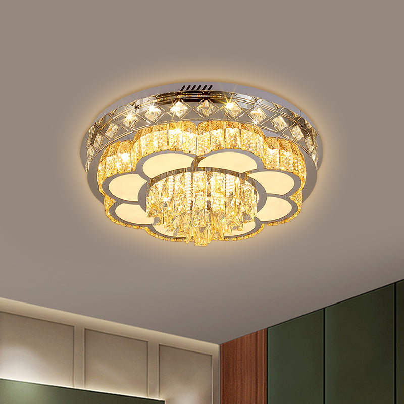 Cut Crystal Floral Flush Ceiling Light Modern Hotel LED Flushmount in Stainless Steel