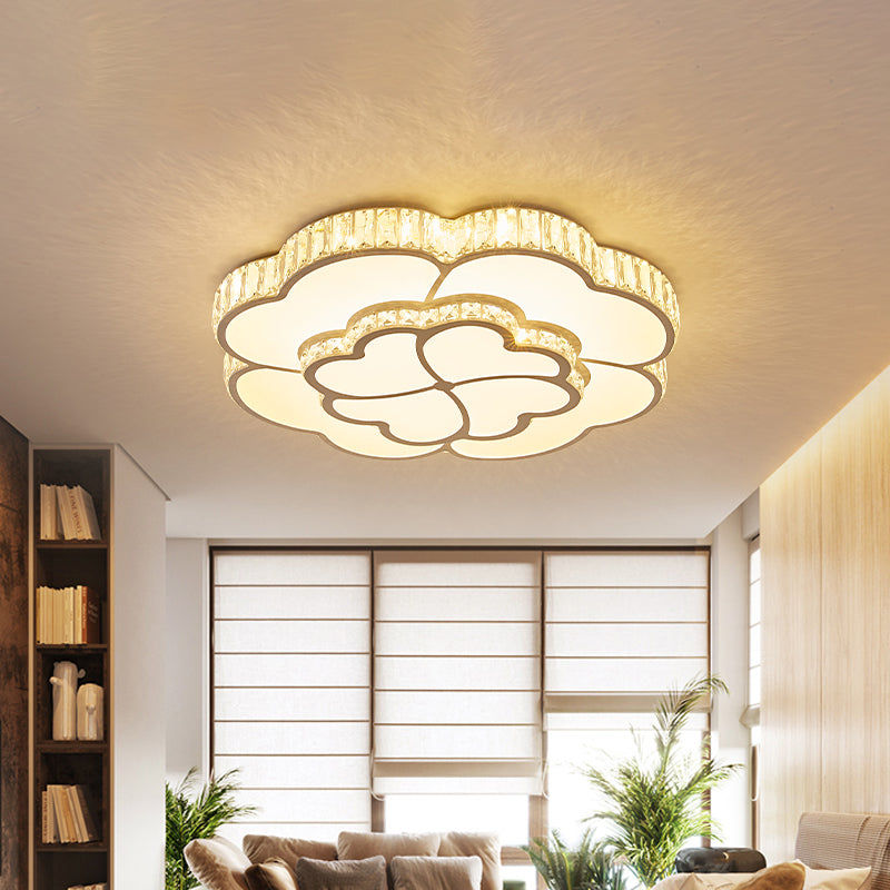 2-Layer Clover Crystal Flush Light Modern Style Bedroom LED Ceiling Lamp in White, 16"/19.5" Wide