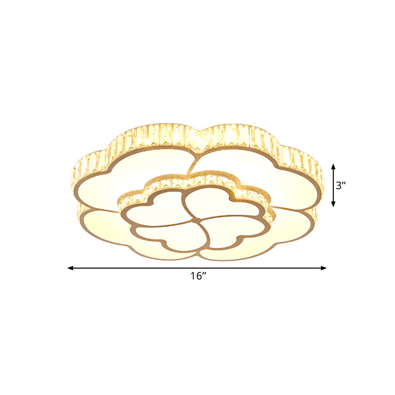 2-Layer Clover Crystal Flush Light Modern Style Bedroom LED Ceiling Lamp in White, 16"/19.5" Wide
