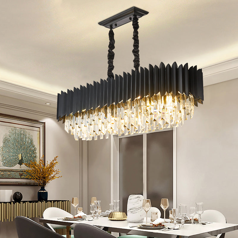 6/8-Light Ceiling Suspension Lamp Modern Oblong Tri-Sided Crystal Rod Island Light in Black