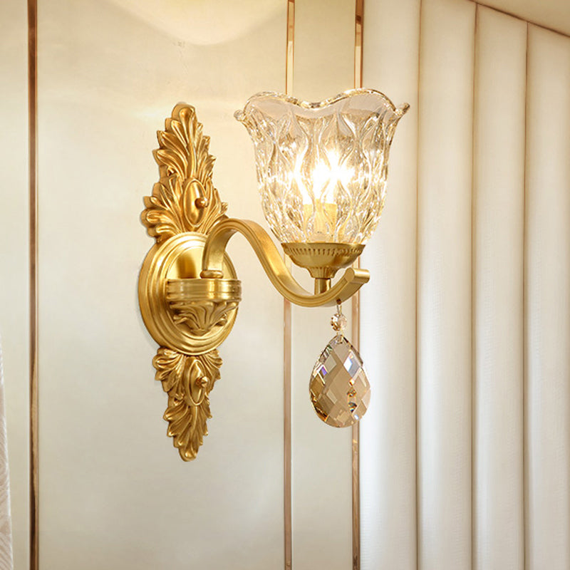 Blown Glass Bellflower Wall Light Mid-Century 1-Light Dining Room Sconce Lighting in Brass