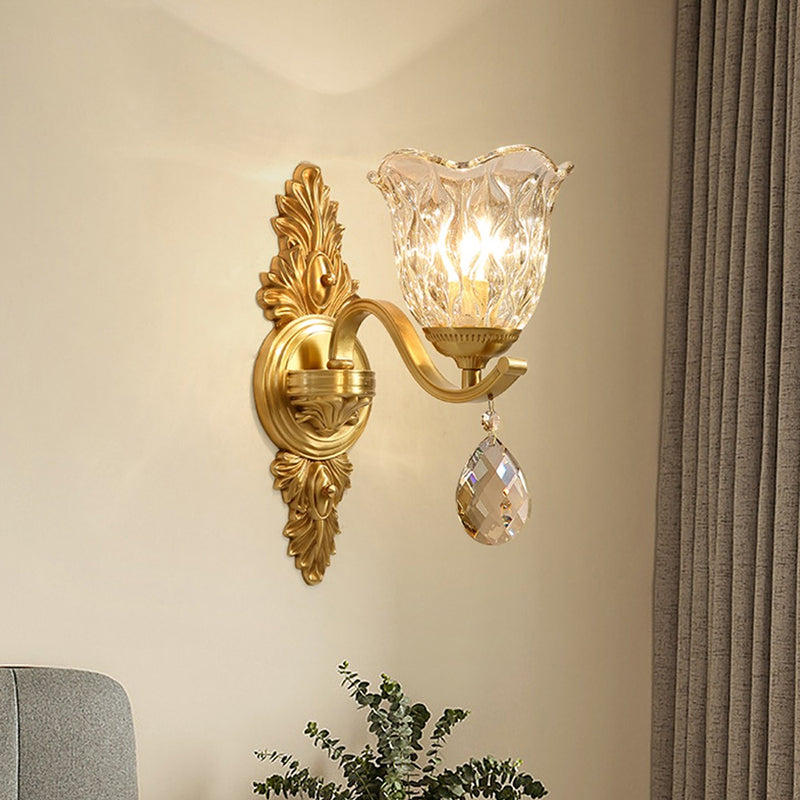 Blown Glass Bellflower Wall Light Mid-Century 1-Light Dining Room Sconce Lighting in Brass