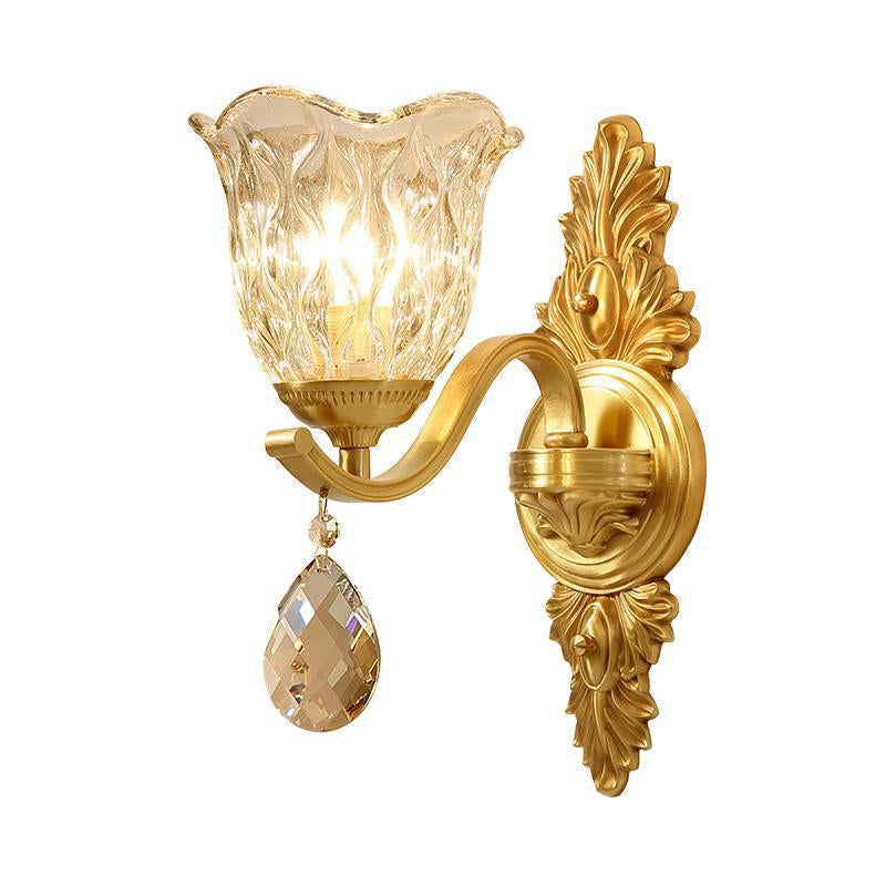 Blown Glass Bellflower Wall Light Mid-Century 1-Light Dining Room Sconce Lighting in Brass