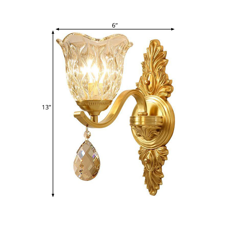 Blown Glass Bellflower Wall Light Mid-Century 1-Light Dining Room Sconce Lighting in Brass