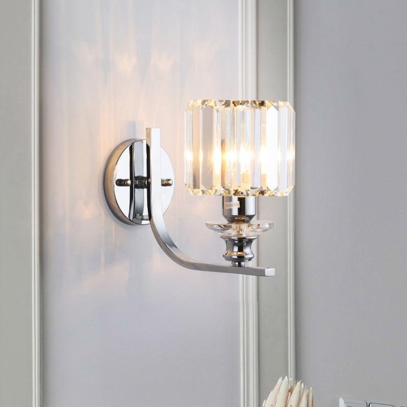 1 Bulb Wall Mount Lamp Modern Living Room Sconce Light with Cone/Cylinder Crystal Shade in Chrome