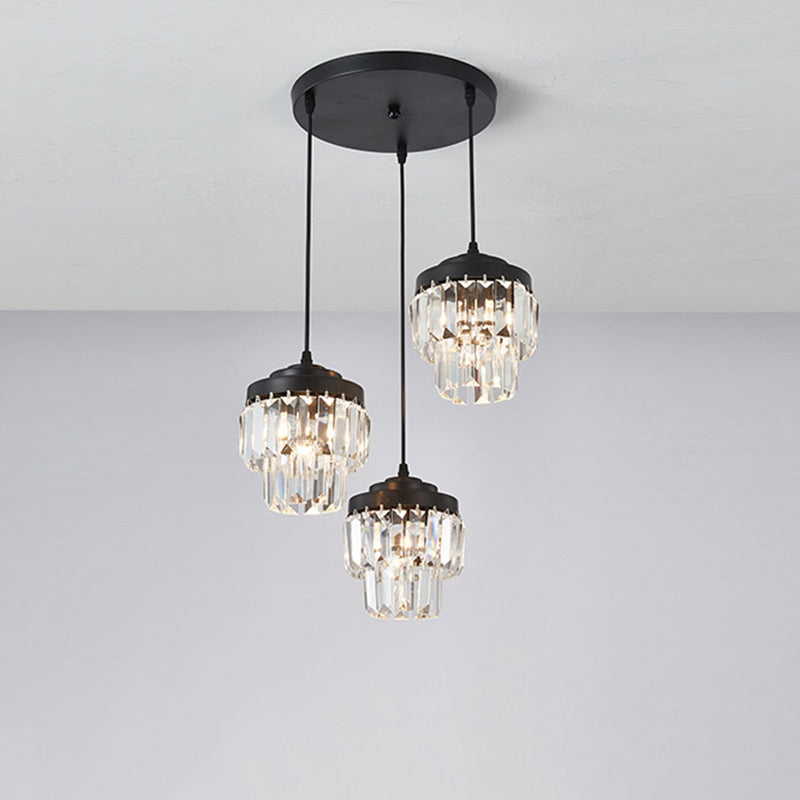 3 Köpfe 2-Tier-Cluster-Anhänger moderner schwarzes, klares Kristallprisma Hängenlampe mit runden/linearen Baldachin