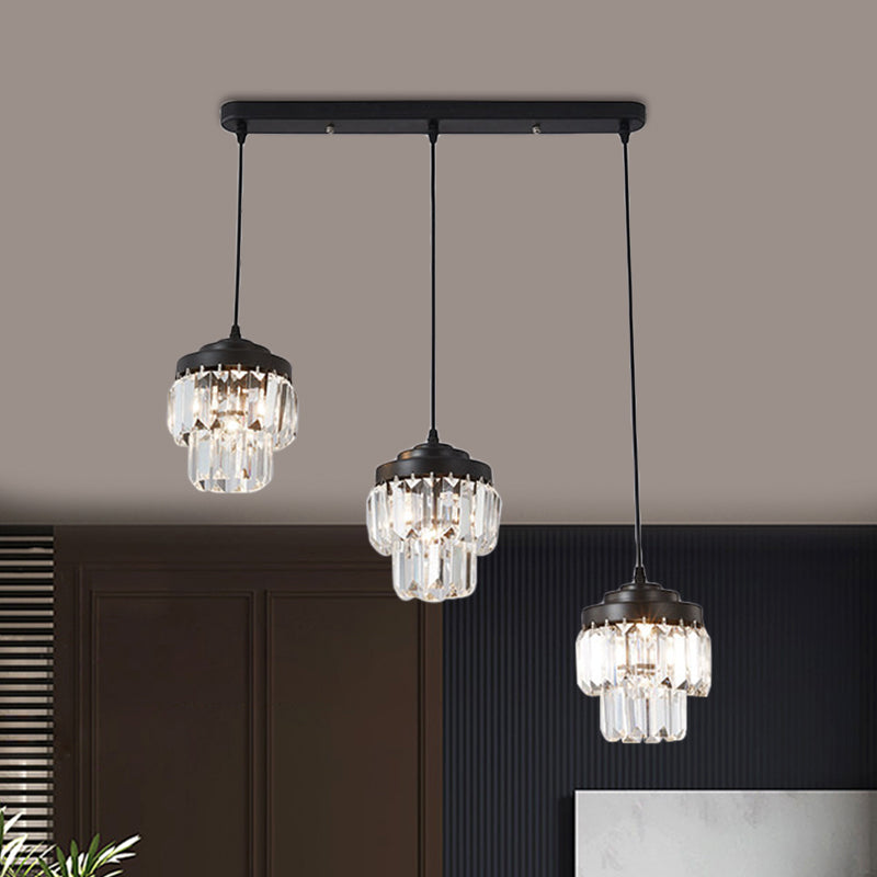 3 Köpfe 2-Tier-Cluster-Anhänger moderner schwarzes, klares Kristallprisma Hängenlampe mit runden/linearen Baldachin