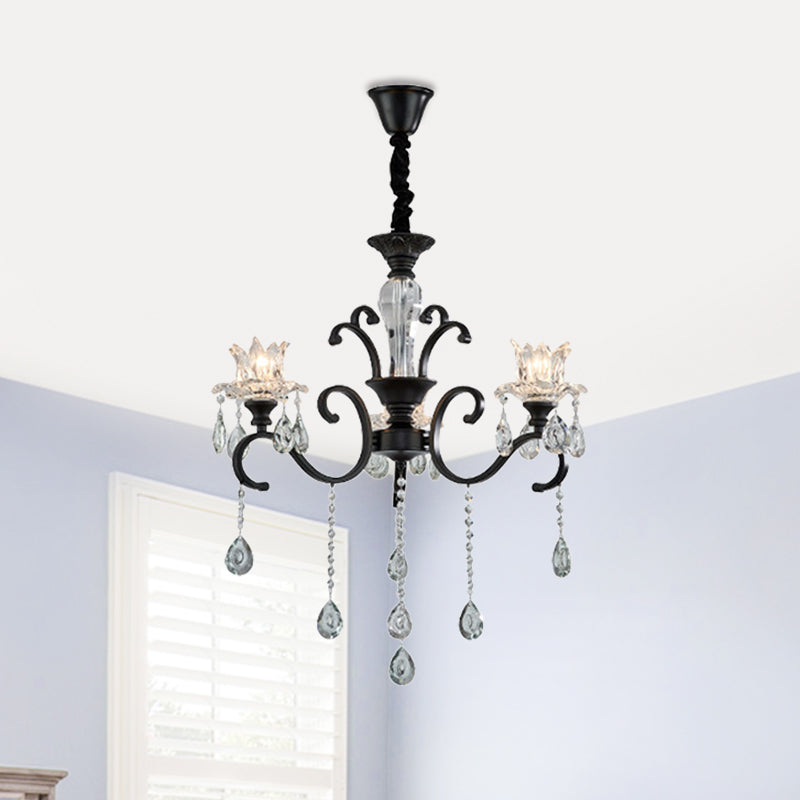 3/6 hoofden wervelde arm kroonluchter traditionele zwarte metalen hangende lamp met heldere kristallen tulpenschaduw