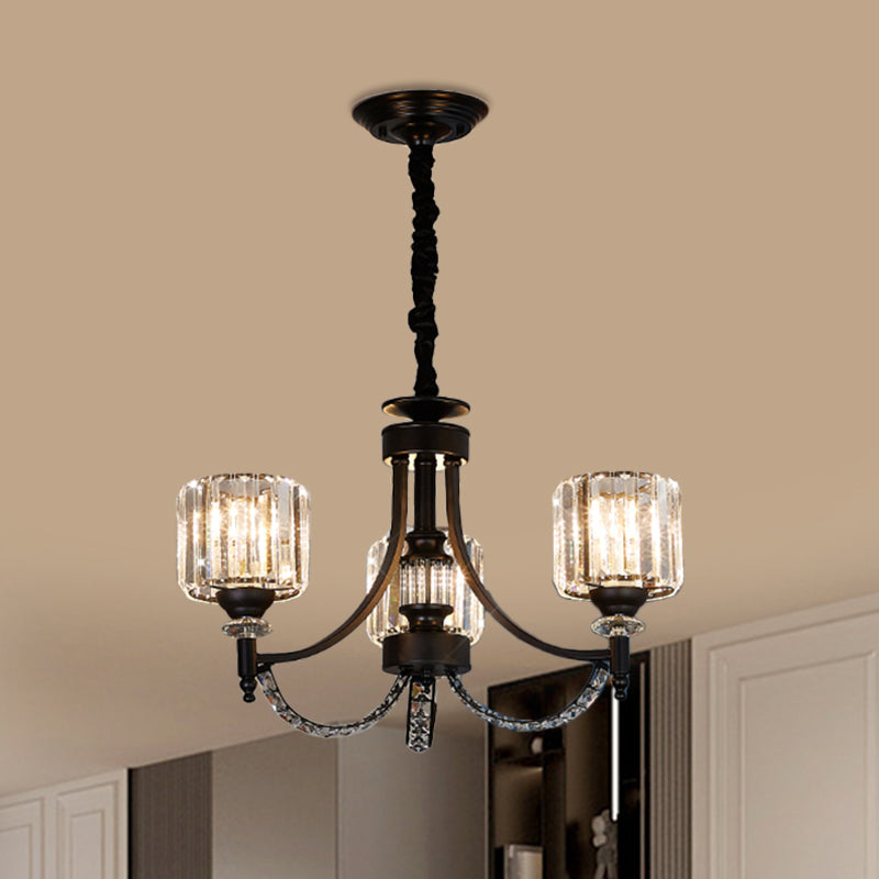 3/6 bollen Suspensie Licht Traditionele cilindrische schaduw Duidelijk kristal plafond kroonluchter met zwarte arm