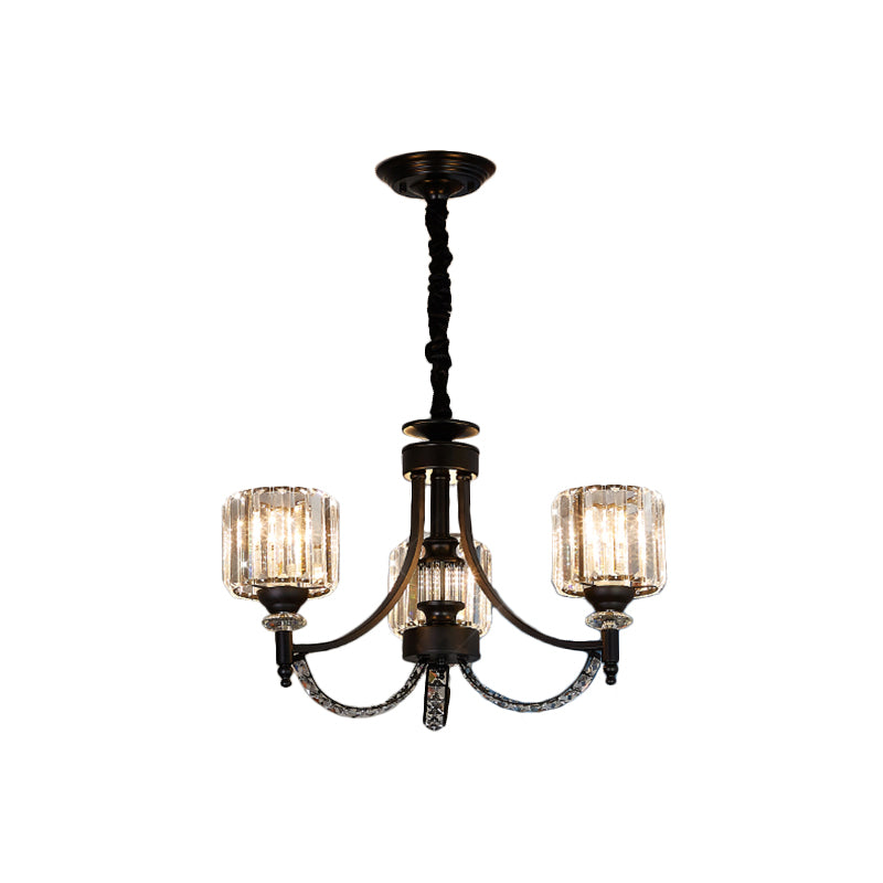 3/6 bollen Suspensie Licht Traditionele cilindrische schaduw Duidelijk kristal plafond kroonluchter met zwarte arm