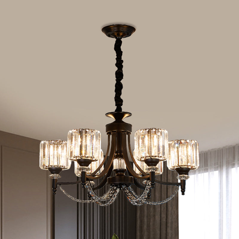 3/6 bollen Suspensie Licht Traditionele cilindrische schaduw Duidelijk kristal plafond kroonluchter met zwarte arm