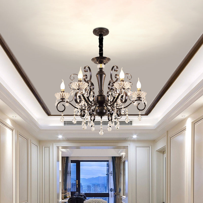 Clear Crystal Candelabra Suspension Pendant Traditional 6/8 Bulbs Parlor Chandelier with Droplets and Black Scroll Arms