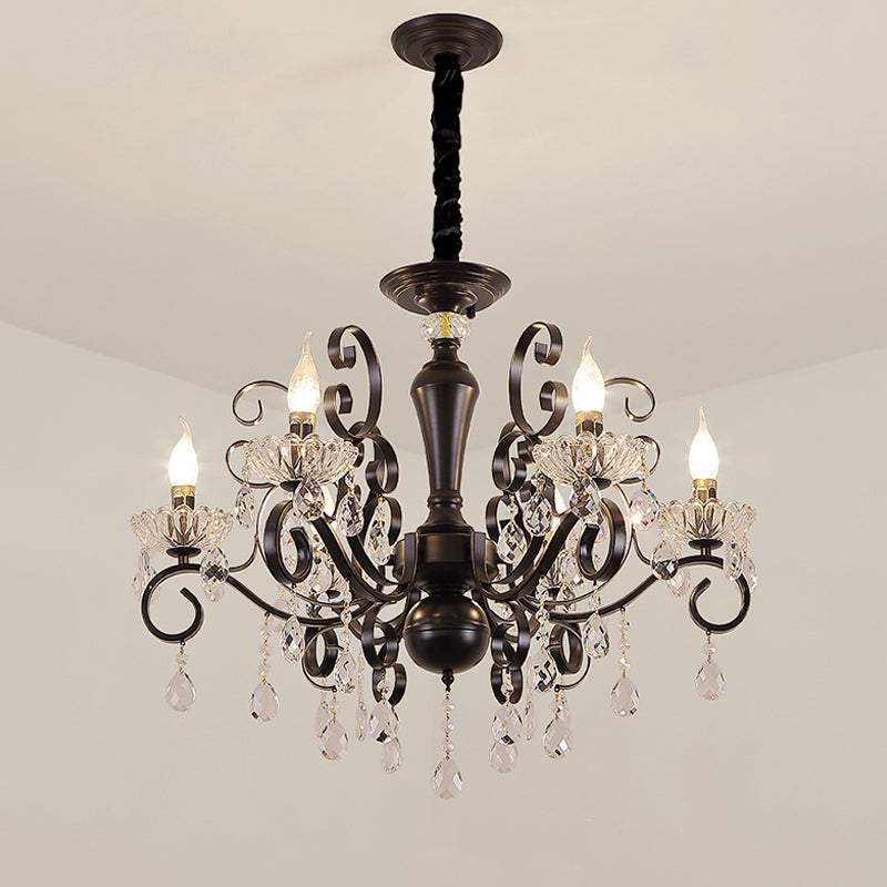 Clear Crystal Candelabra Suspension Pendant Traditional 6/8 Bulbs Parlor Chandelier with Droplets and Black Scroll Arms