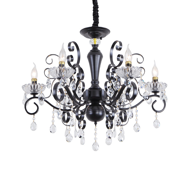 Clear Crystal Candelabra Suspension Pendant Traditional 6/8 Bulbs Parlor Chandelier with Droplets and Black Scroll Arms