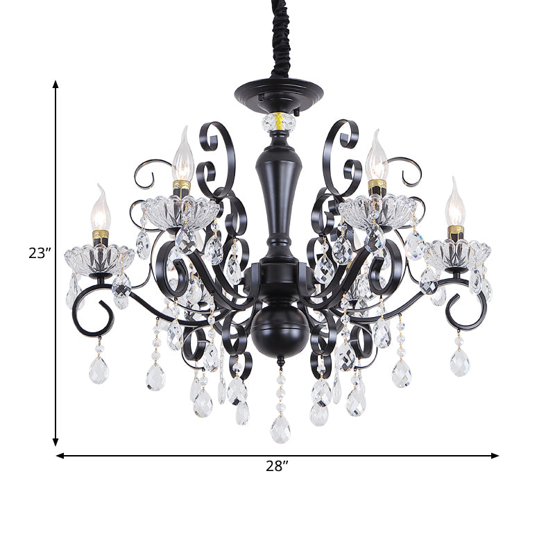 Clear Crystal Candelabra Suspension Pendant Traditional 6/8 Bulbs Parlor Chandelier with Droplets and Black Scroll Arms