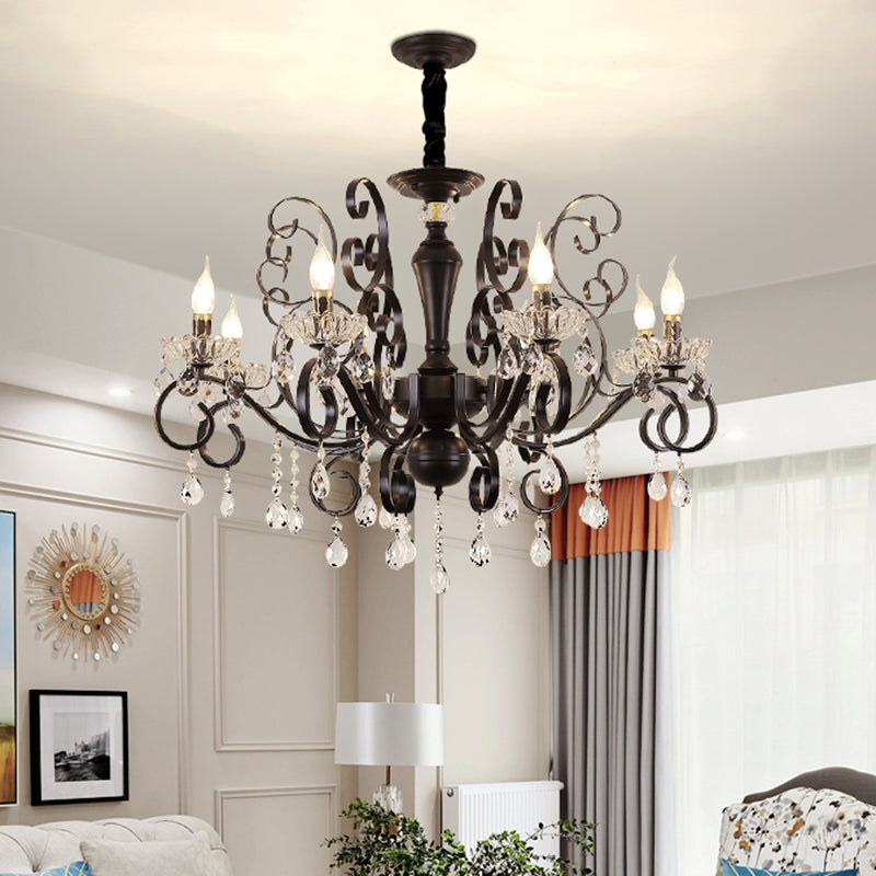 Clear Crystal Candelabra Suspension Pendant Traditional 6/8 Bulbs Parlor Chandelier with Droplets and Black Scroll Arms