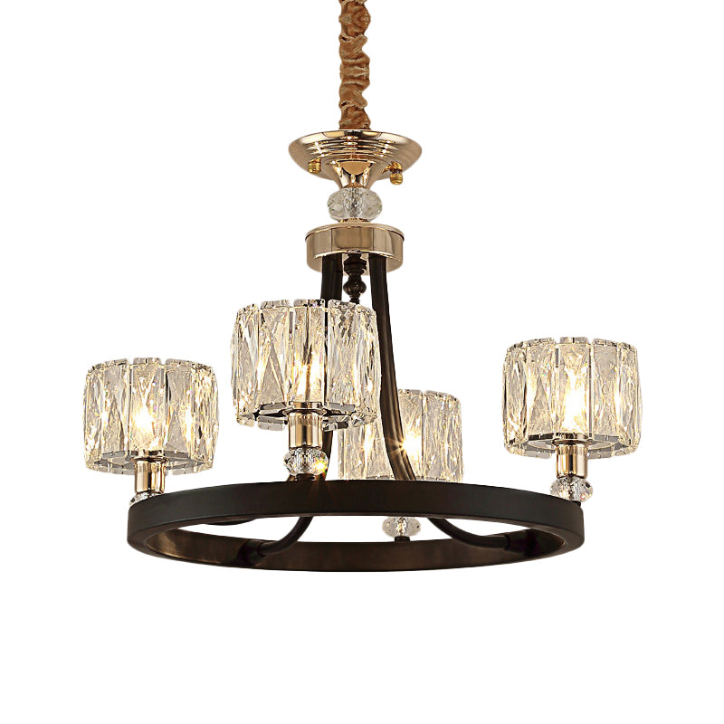 4 hoofden ringen hangende lampkit moderne black metal hanger kroonluchter met heldere kristallen trommelschaduw