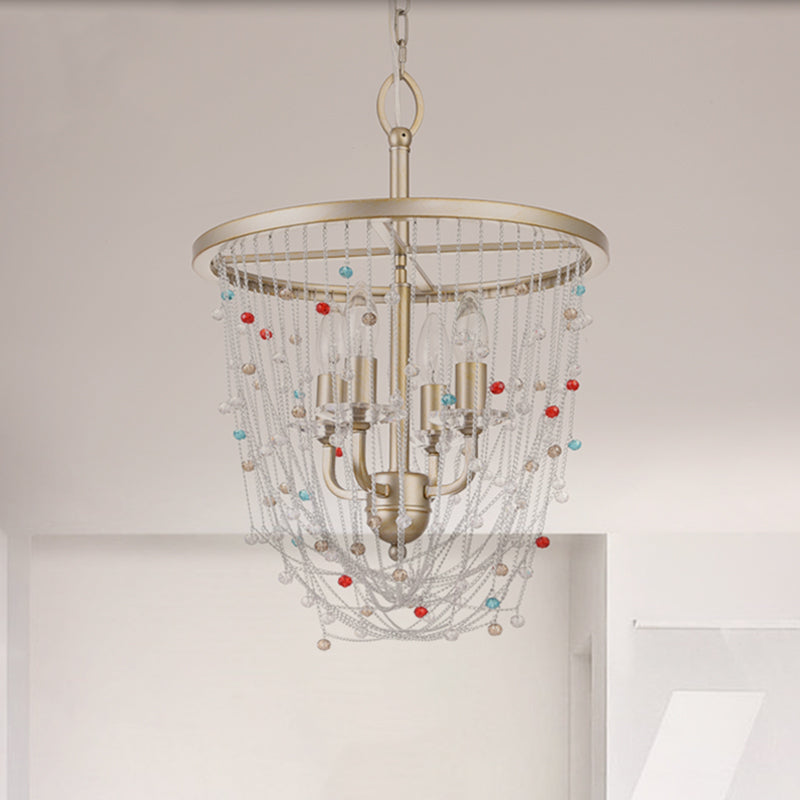 Kaarsen woonkamer kroonluchter moderne metaal 4 koppen goud hangende verlichting met kristal kraal streng decor, 15,5 "/23.5" w