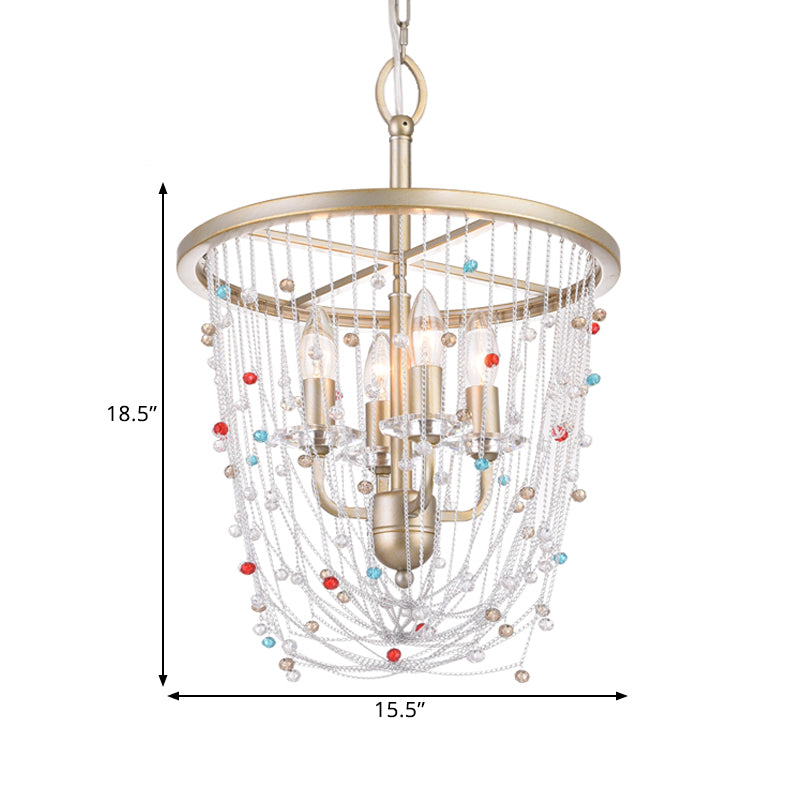 Kaarsen woonkamer kroonluchter moderne metaal 4 koppen goud hangende verlichting met kristal kraal streng decor, 15,5 "/23.5" w