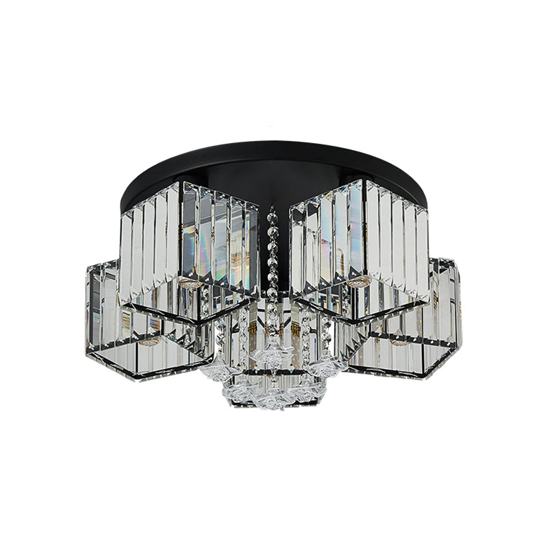 Black Canopy 5/6 Bulbs Flush Mount Contemporary Clear Crystal Cubic Shade Ceiling Light Fixture with Flower Draping