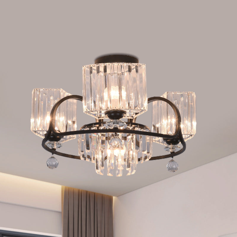 Éclairage trapézoïde cristallin Aménagement contemporain 4/8 Bulbes Dinning Room Semi Flush With Black Frame