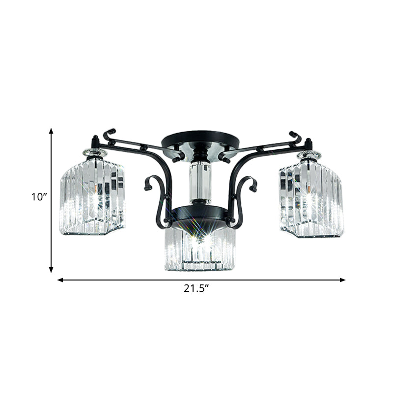 3 Bulbs Scrolling Arm Semi Flush Mount Modern Black Metal Ceiling Lamp with Clear Cubic Shade