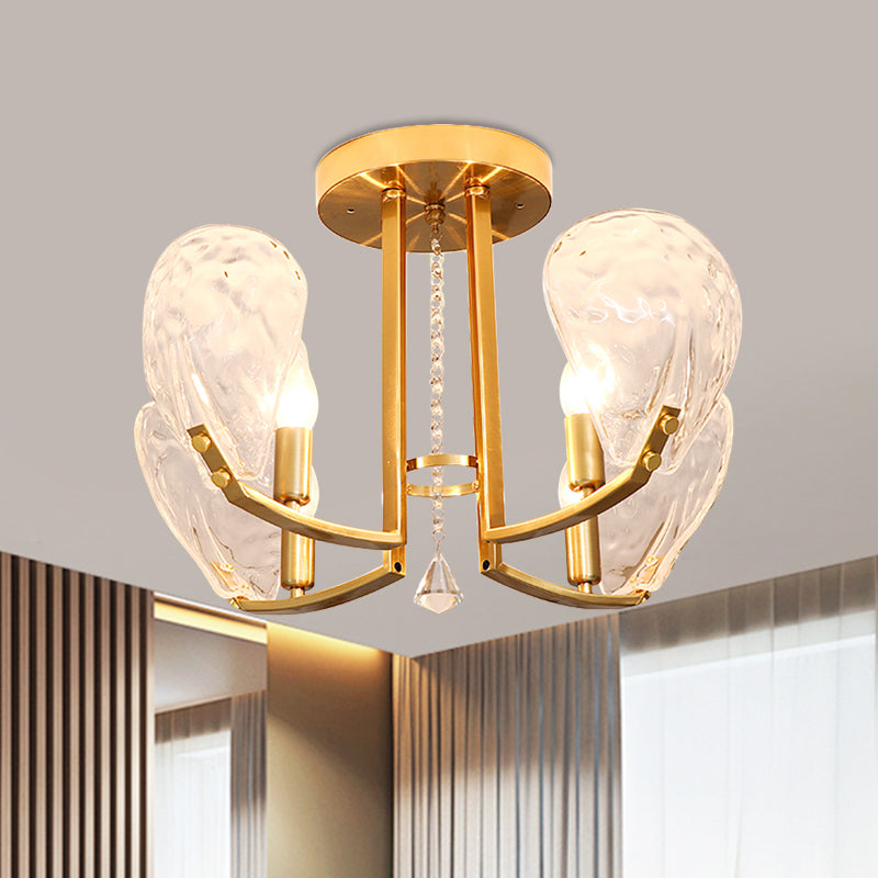 4 Bulbs Metal Semi Mount Lighting Contemporary Gold Candle Sleeping Room Ceiling Flush with Crystal Petal Shade