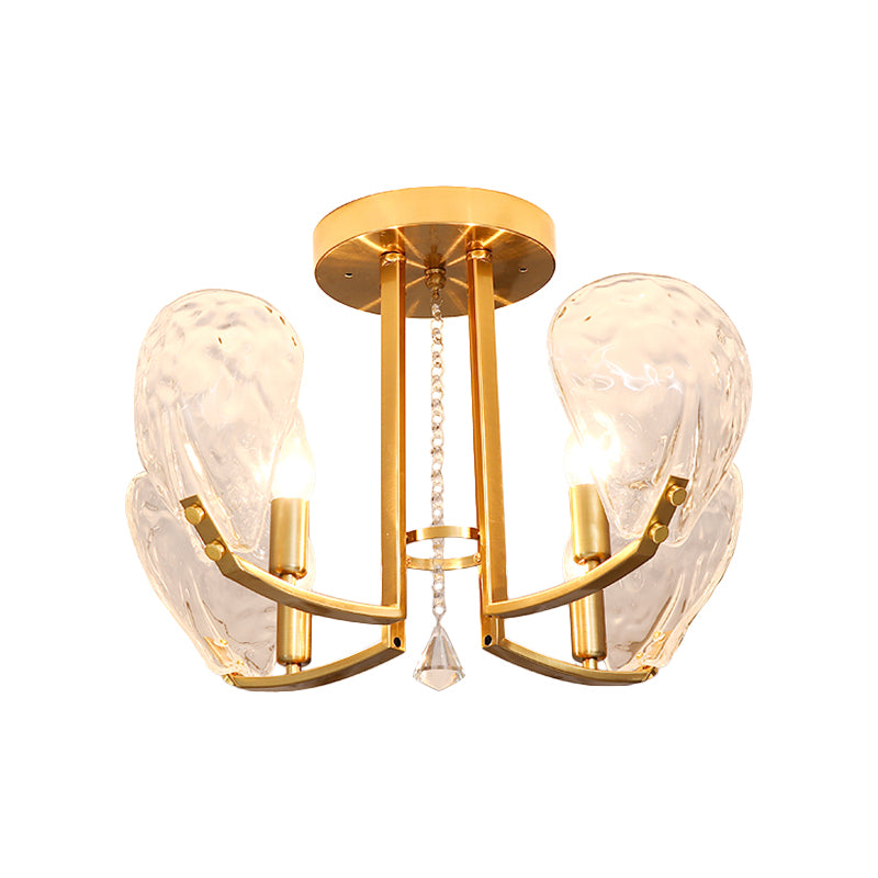4 Bulbs Metal Semi Mount Lighting Contemporary Gold Candle Sleeping Room Ceiling Flush with Crystal Petal Shade