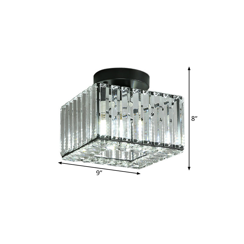 Round/Square Shade Porch Flush Light Fixture Modern Clear Faceted Crystals 1 Head Black Canopy Ceiling Lamp