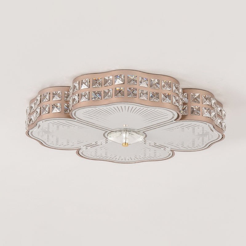 Champagne Square/Peach Blossom Flush Light Contemporary Faceted Crystals Great Room LED Ceiling Lamp, 15.5"/16.5"/19.5" W