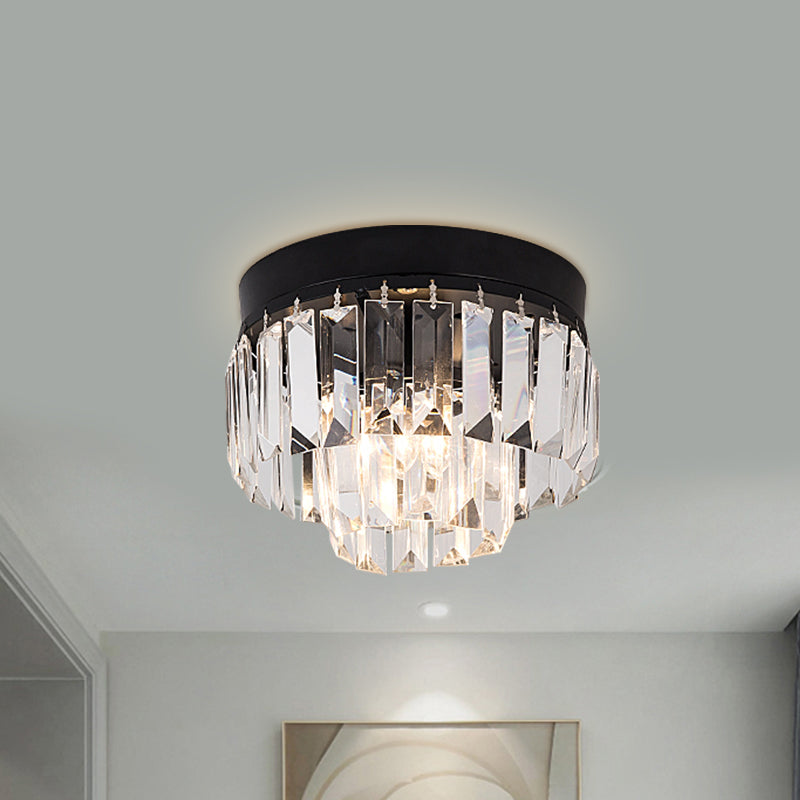LED Lighting Fixture Modern 2-Tier Drum Shade Clear Bevel Cut Crystals Flush Mount Lamp in Gold/Black