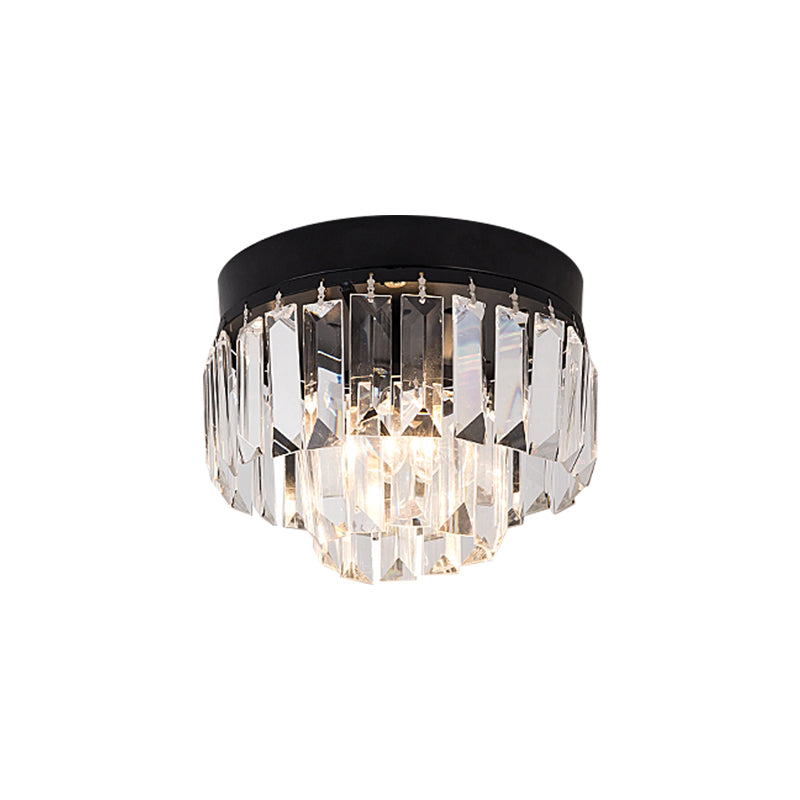 LED Lighting Fixture Modern 2-Tier Drum Shade Clear Bevel Cut Crystals Flush Mount Lamp in Gold/Black