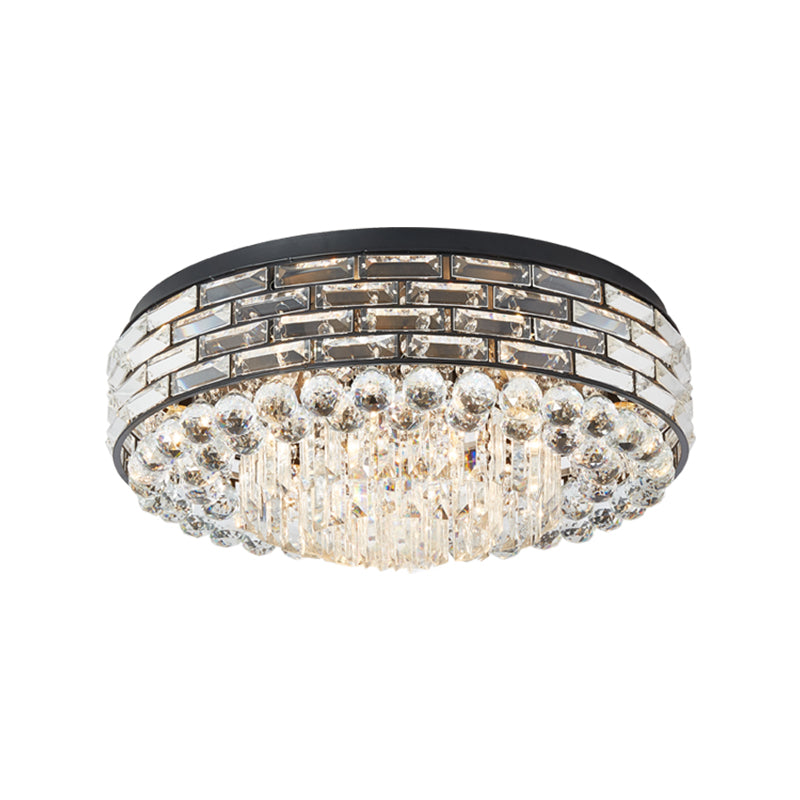 7/9 Bulbs Drum Ceiling Mounted Light Modern Black Canopy Clear Crystal Draping Flushmount Lighting, 19.5"/23.5" Wide