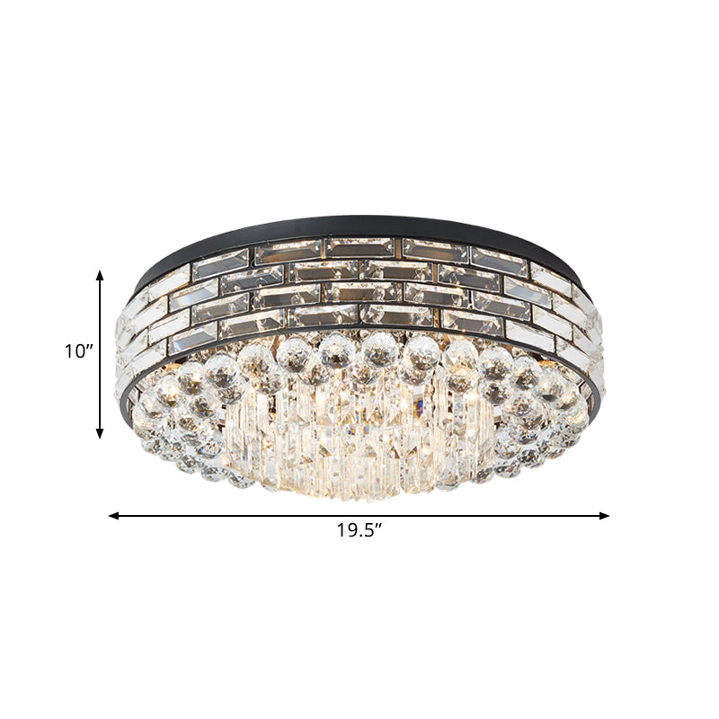 7/9 Bulbs Drum Ceiling Mounted Light Modern Black Canopy Clear Crystal Draping Flushmount Lighting, 19.5"/23.5" Wide