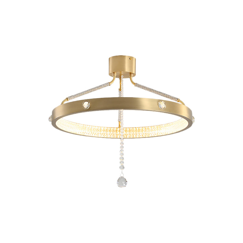 19.5"/15.5" Wide LED Semi Flush Mount Contemporary Ring Metal Ceiling Lighting in Gold with Crystal Strand