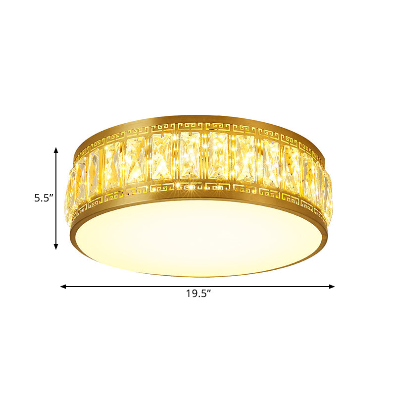Gold Finish Drum Flush Mount Lamp Modern Clear Rectangular-Cut Crystals LED Bedchamber Light Fixture, 19.5"/23.5" Width