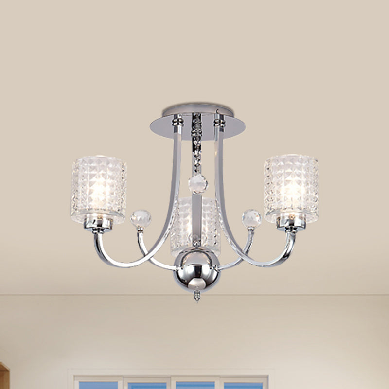 3/4/6 Bulbs Swirling Arm Semi Flush Modern Chrome Metal Ceiling Mounted Fixture with Cylinder Crystal Shade