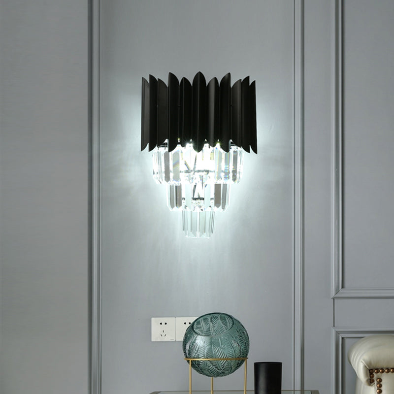 2 Bulbs Tapered Wall Mounted Light Modern Black Finish Clear Crystal Prisms Flush Wall Sconce