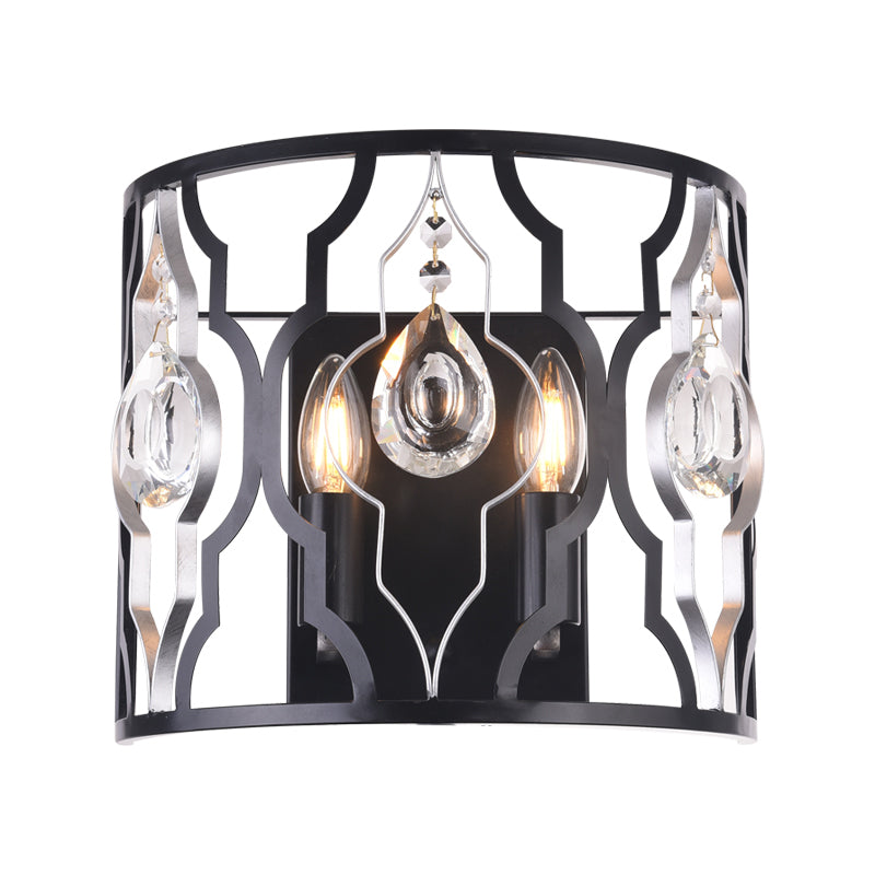 Metalen frame zwarte wandlamp armatuur halve cilinder 2 koppen moderne oppervlakte wand sconce met kristaldruppeltjes