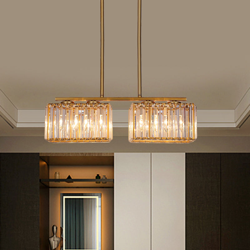 Gold 4/6/8 Bulbs Pendant Lighting Contemporary Metal Linear Island Lamp with Clear Cuboid Crystal Shade for Dinning Room