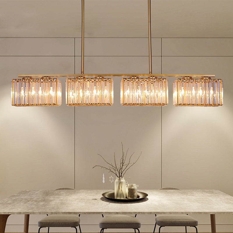 Gold 4/6/8 Bulbs Pendant Lighting Contemporary Metal Linear Island Lamp with Clear Cuboid Crystal Shade for Dinning Room