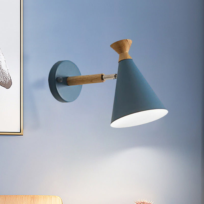 Metal Cone Shade Wall Light Nordic Style Rotatable 1 Light Bedside Reading Light in Blue/Green/Grey/White