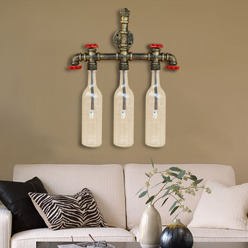 Wrought Iron Bottle Wall Light Antique 3 Lights Living Room Blue/Clear Wall Mounted Lamp with Aged Brass Pipe
