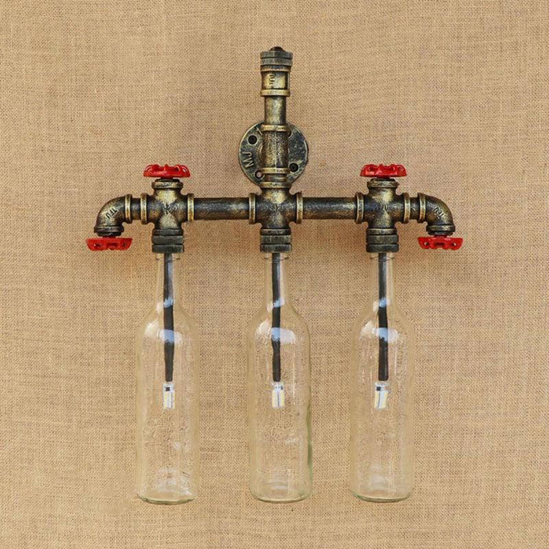 Wrought Iron Bottle Wall Light Antique 3 Lights Living Room Blue/Clear Wall Mounted Lamp with Aged Brass Pipe