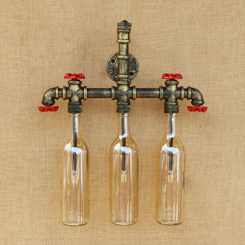 Wrought Iron Bottle Wall Light Antique 3 Lights Living Room Blue/Clear Wall Mounted Lamp with Aged Brass Pipe