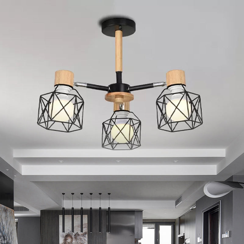 Cage Semi Flush Lamp Nordic Iron 3/6/8-Head Black/Green/Gold Ceiling Drop Pendant Lighting