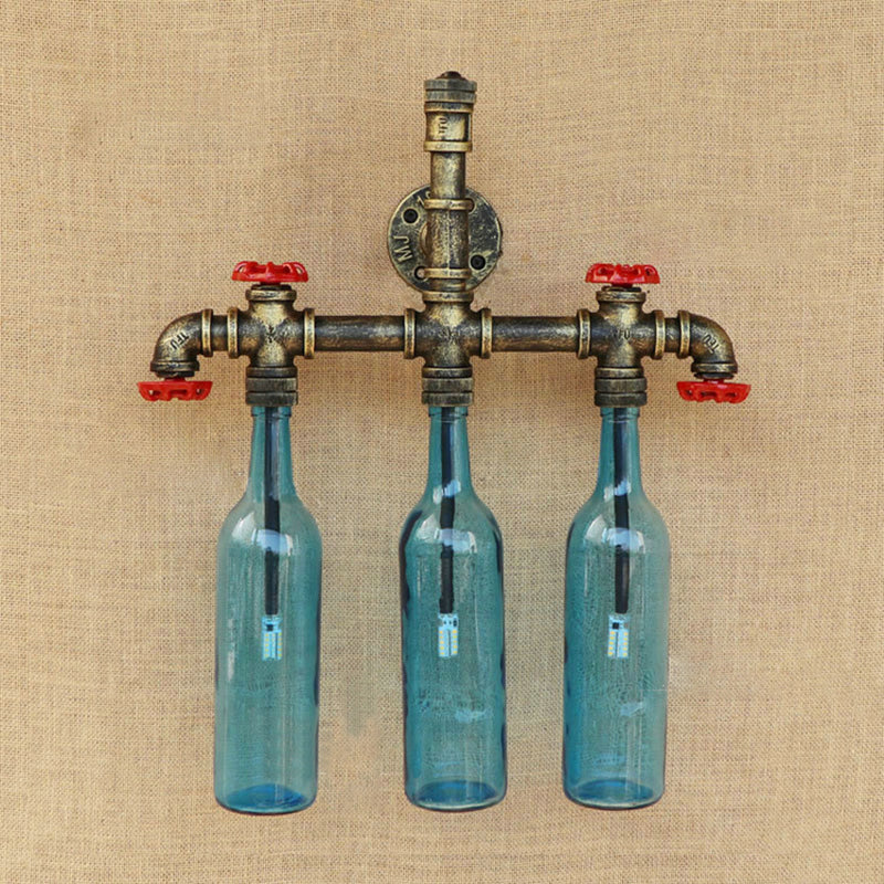 Wrought Iron Bottle Wall Light Antique 3 Lights Living Room Blue/Clear Wall Mounted Lamp with Aged Brass Pipe