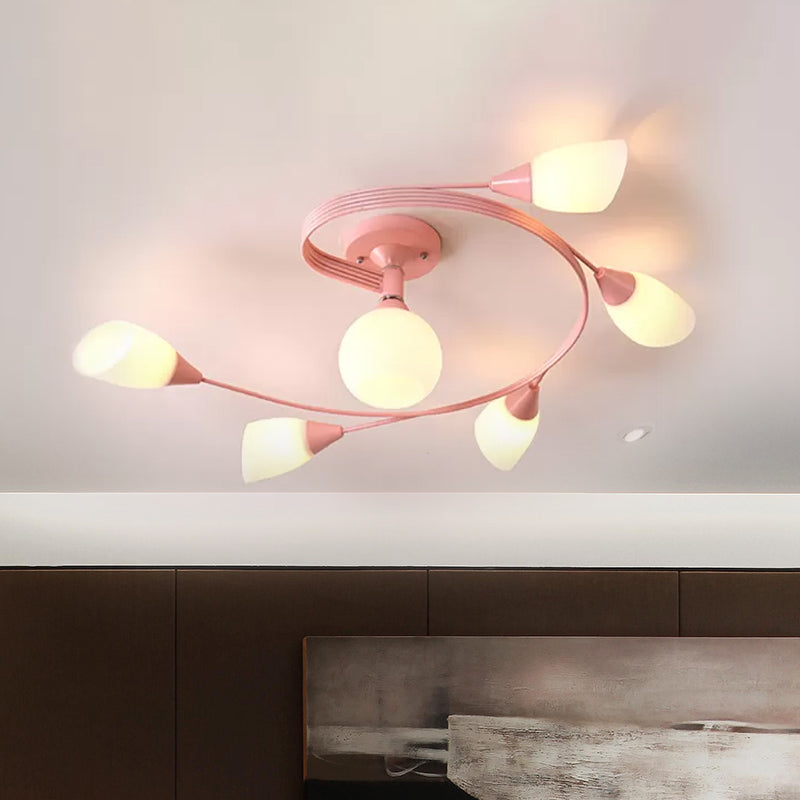 Curly Semi Flush Mount Light Nordic Fer 4/6 HEAD GREN / ROSE / JAUNE PLAFICATION AVEC BLAND D'ECVOIRE DE VERRE