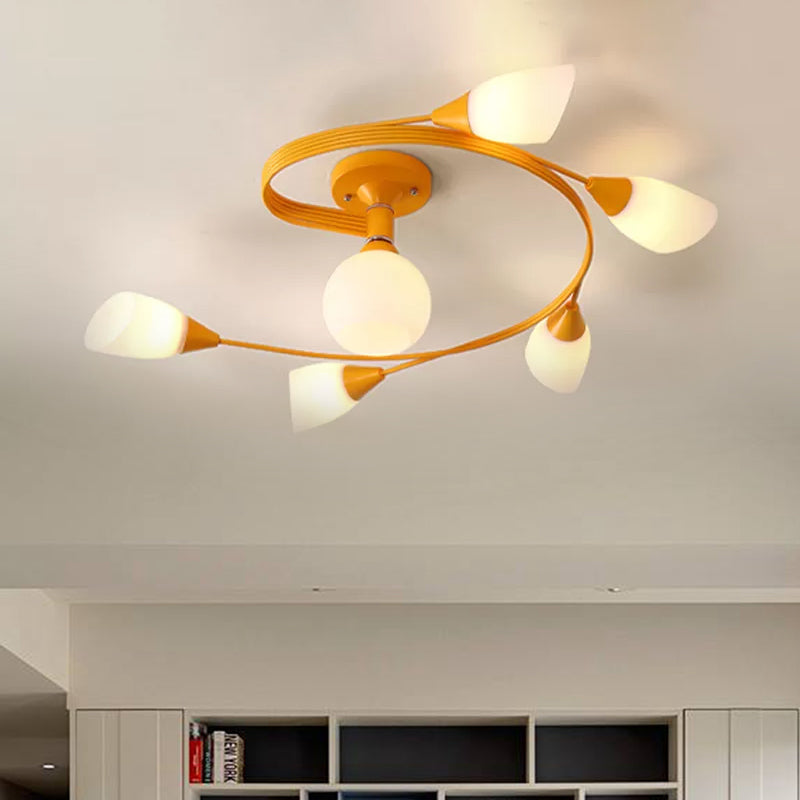 Curly Semi Flush Mount Light Nordic Fer 4/6 HEAD GREN / ROSE / JAUNE PLAFICATION AVEC BLAND D'ECVOIRE DE VERRE